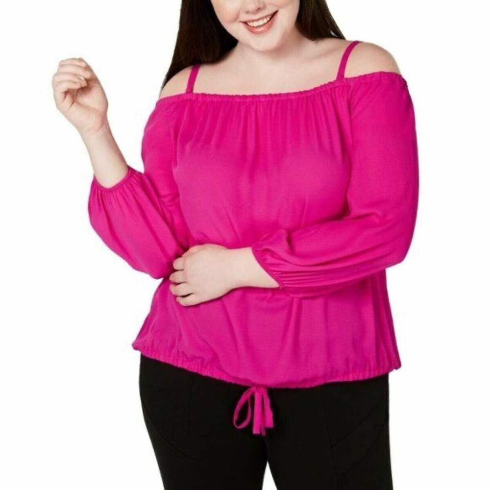 (NWT) INC Women's Magenta Cold Shoulder Drawstring Waist Top Plus Size 2X